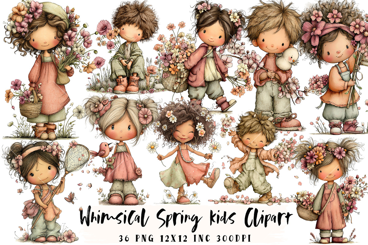 Whimsical Spring Kids Clipart, an Illustration by OK Design (Photo 1 of 6)
