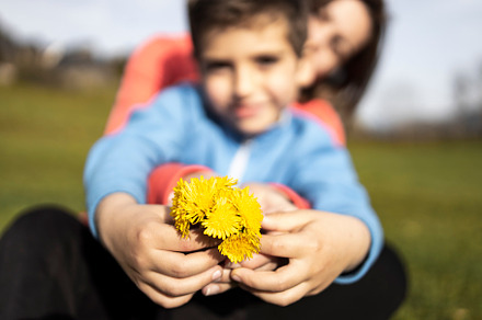 Son giving a bunches of wild flowers containing background, beautiful, and boy, a Person Photo by Cosca