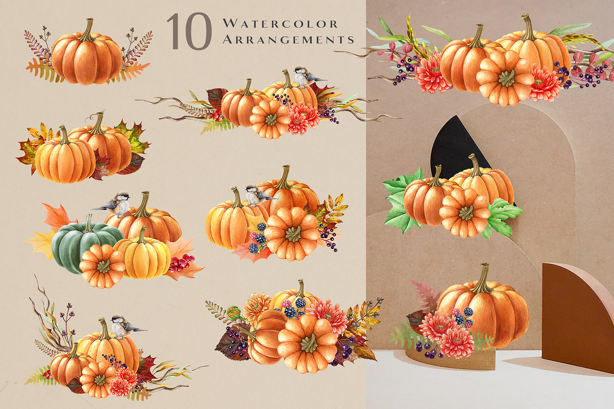 Autumn Pumpkins Watercolor Clipart, a Seasonal Illustration by AnitaPol (Photo 3 of 12)