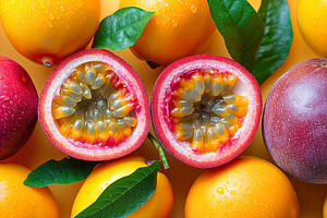Vibrant display of fresh fruits including sliced passionfruit, r, a Food & Drink Photo by ImageMir