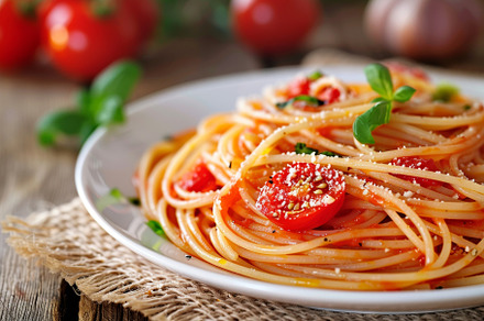 A plate holds whole grain spaghetti, a Photo by Iftikhar Alam