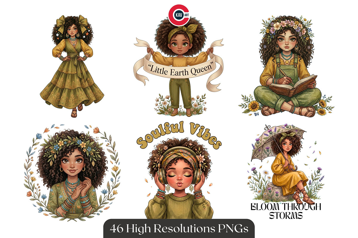 Cute Curly Hair Boho Afro Girls, a Person Illustration by C-Kav (Photo 2 of 14)