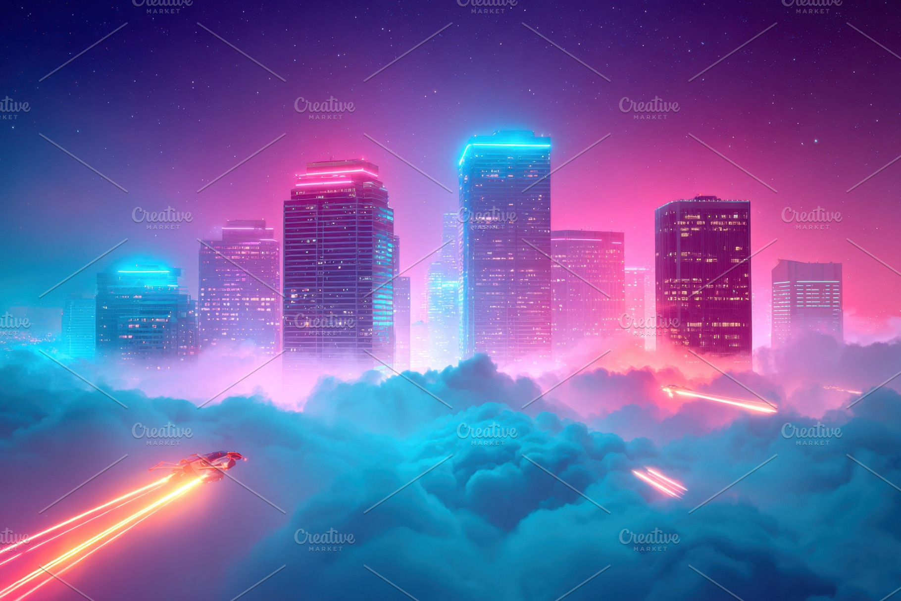 Futuristic city skyline with neon lights and clouds, an Abstract Photo by AlyaAnd