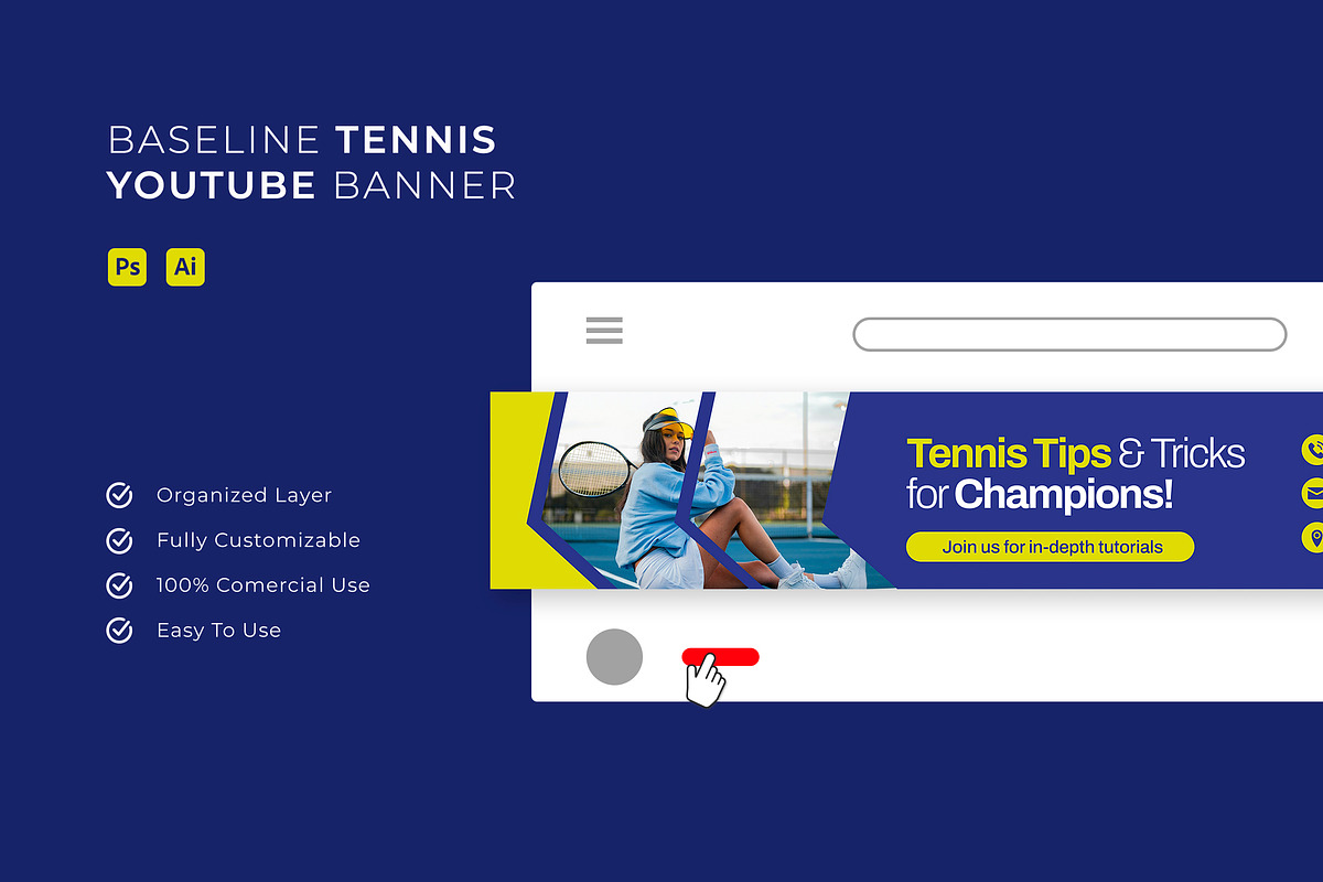 Baseline Tennis - YouTube Banner, a Social Media Template by Esensifiksi.studio (Photo 1 of 3)