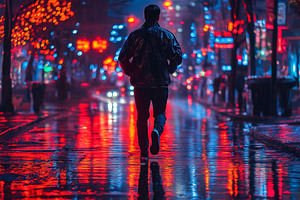 A young Asian male jogger runs through a rainy, neon-lit city street, reflectin, a Background Photo by ImageMir