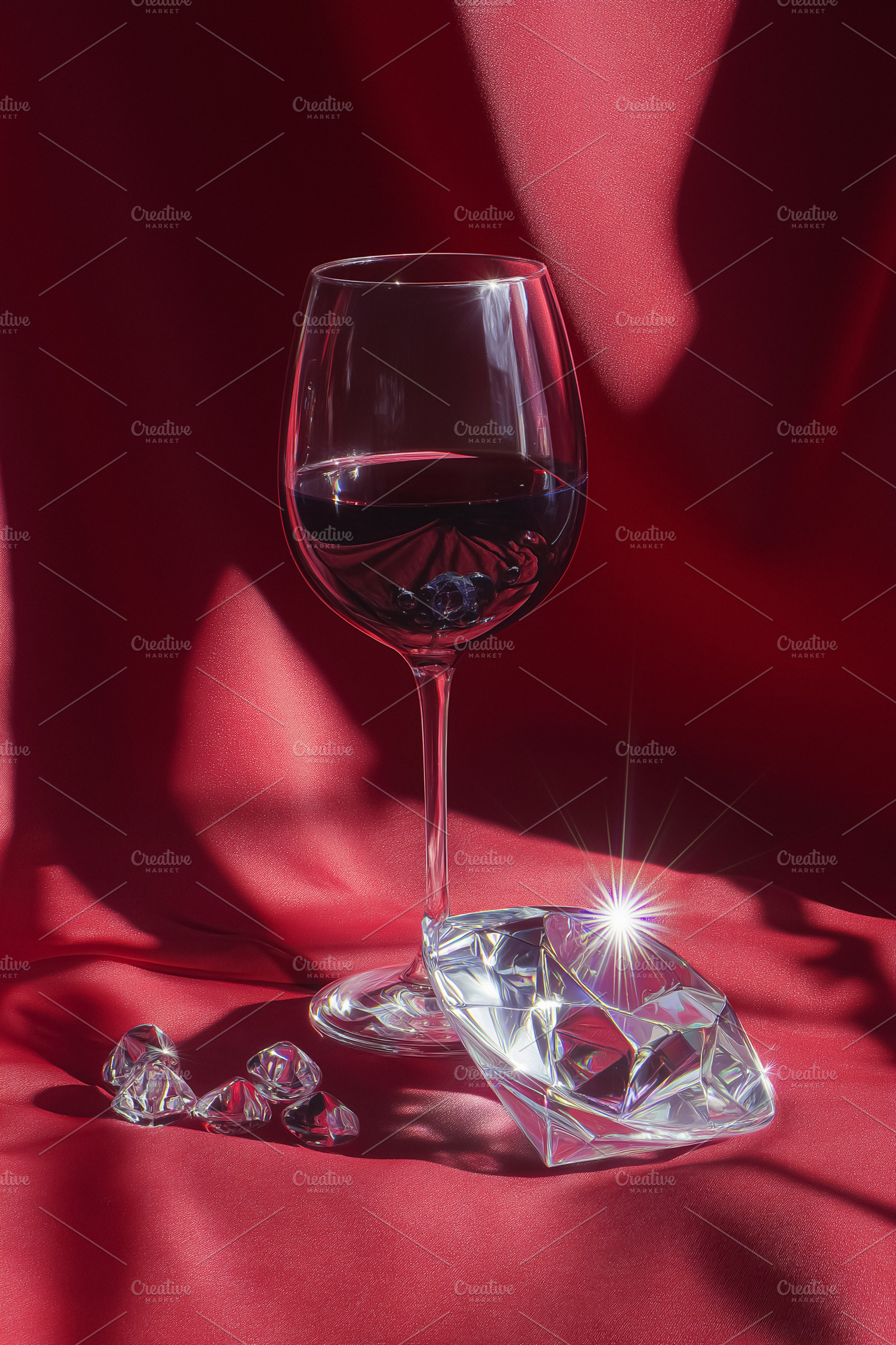 Glass of red wine and large clear diamond with smaller crystals reflecting ligh, a Food & Drink Photo by Studio ANNA