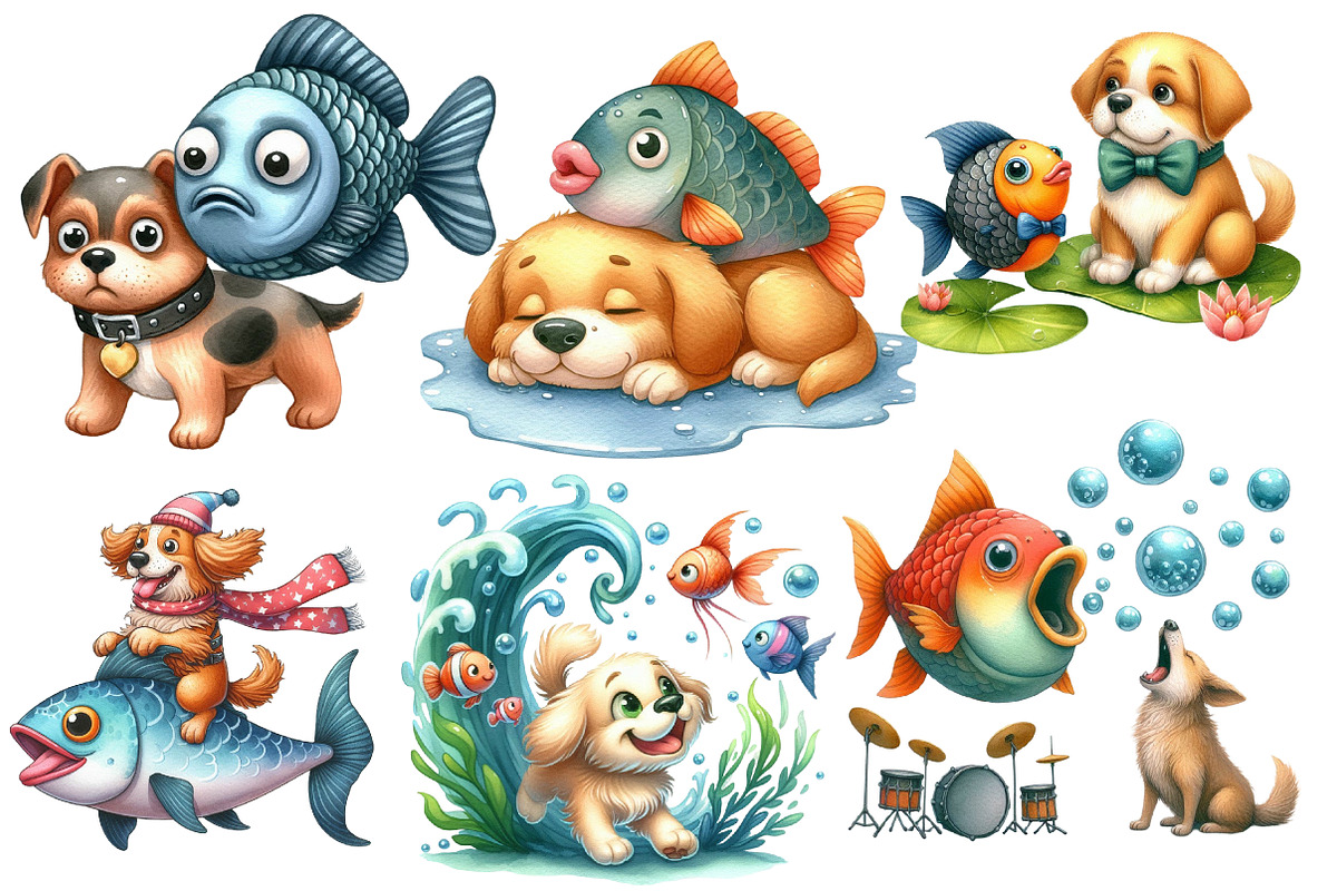 Quirky Dog and Fish Clipart, an Illustration by Designworld (Photo 2 of 4)