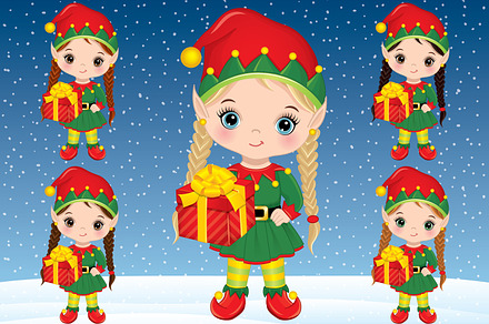 Little Girl Elf Clipart, Christmas