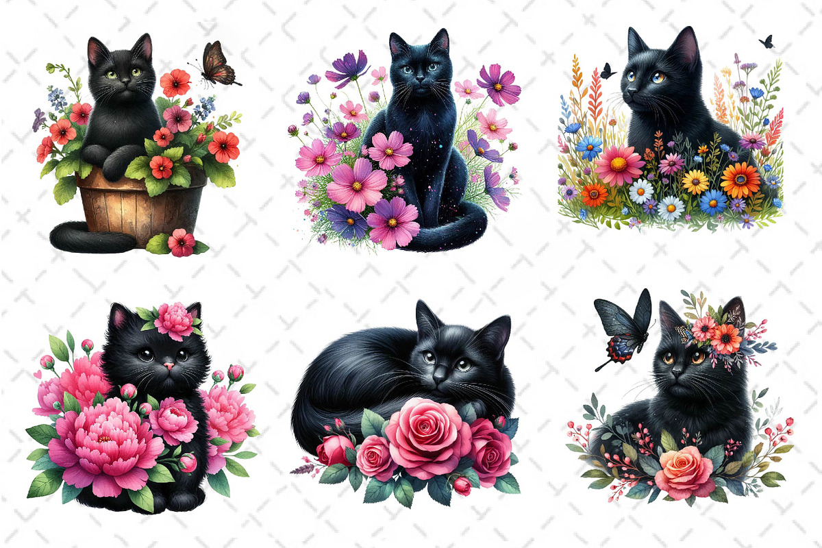 Watercolor Floral Black Cat Clipart, an Illustration by Dream Creation (Photo 4 of 5)