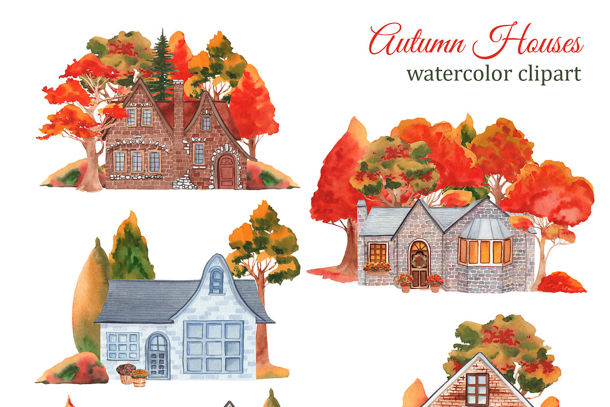 Watercolor autumn houses clipart, an Illustration by s.yanyeva (Photo 2 of 6)