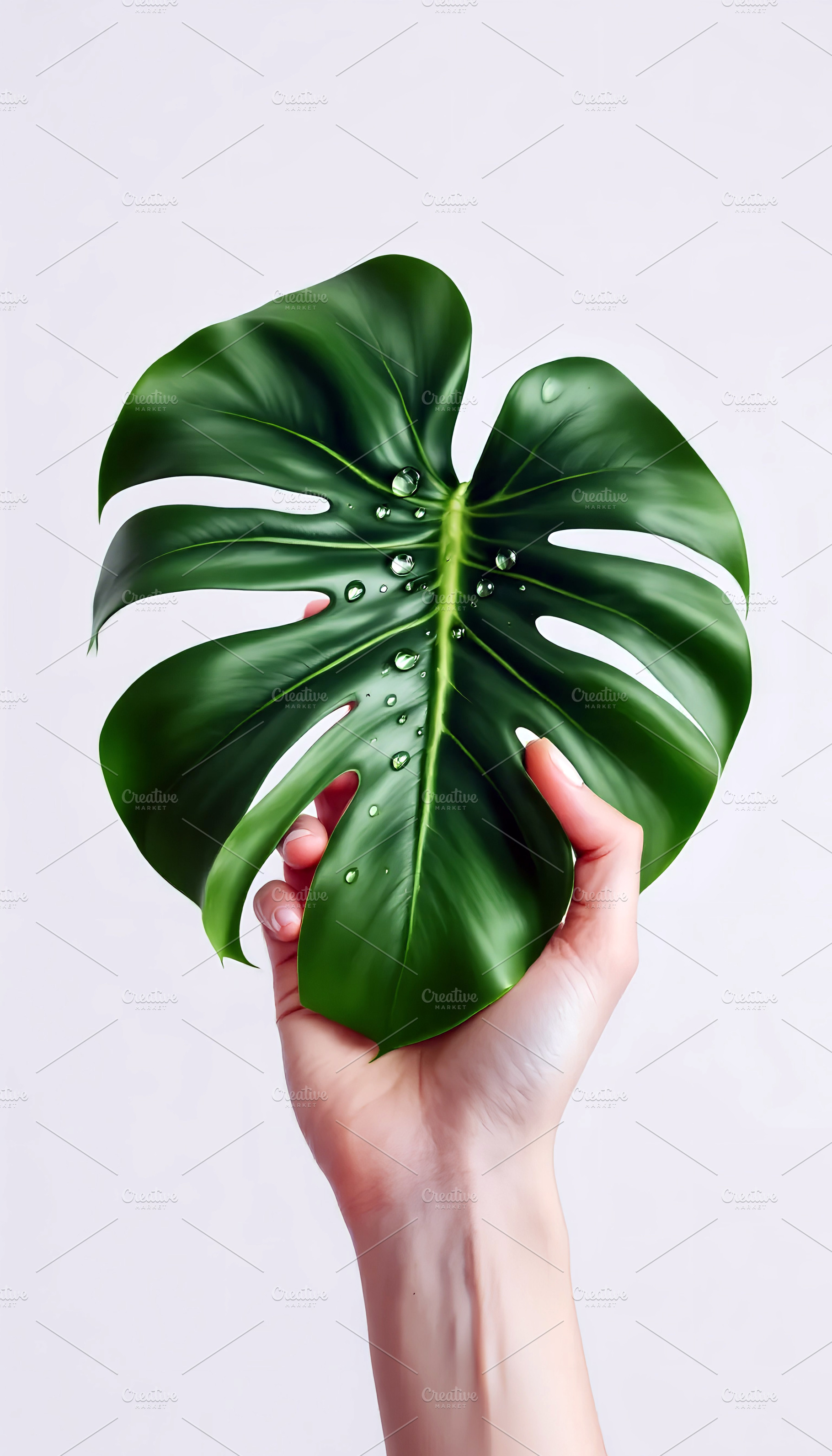 Hand Holding a Wet Monstera Leaf Aga, a Nature Photo by Stock Shape