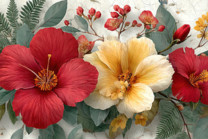 Vibrant red and yellow tropical hibiscus flowers with lush green, a Nature Photo by José Manuel Gelpi
