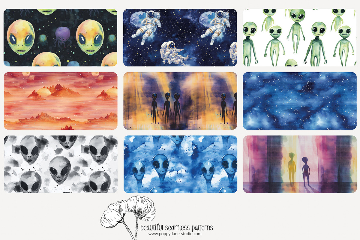 80 watercolour UFO seamless pattern, a Pattern Graphic by Poppy Lane Studio (Photo 4 of 11)