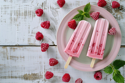 Ice cream popsicles with red raspberries on wooden background, a Food & Drink Photo by AlyaAnd