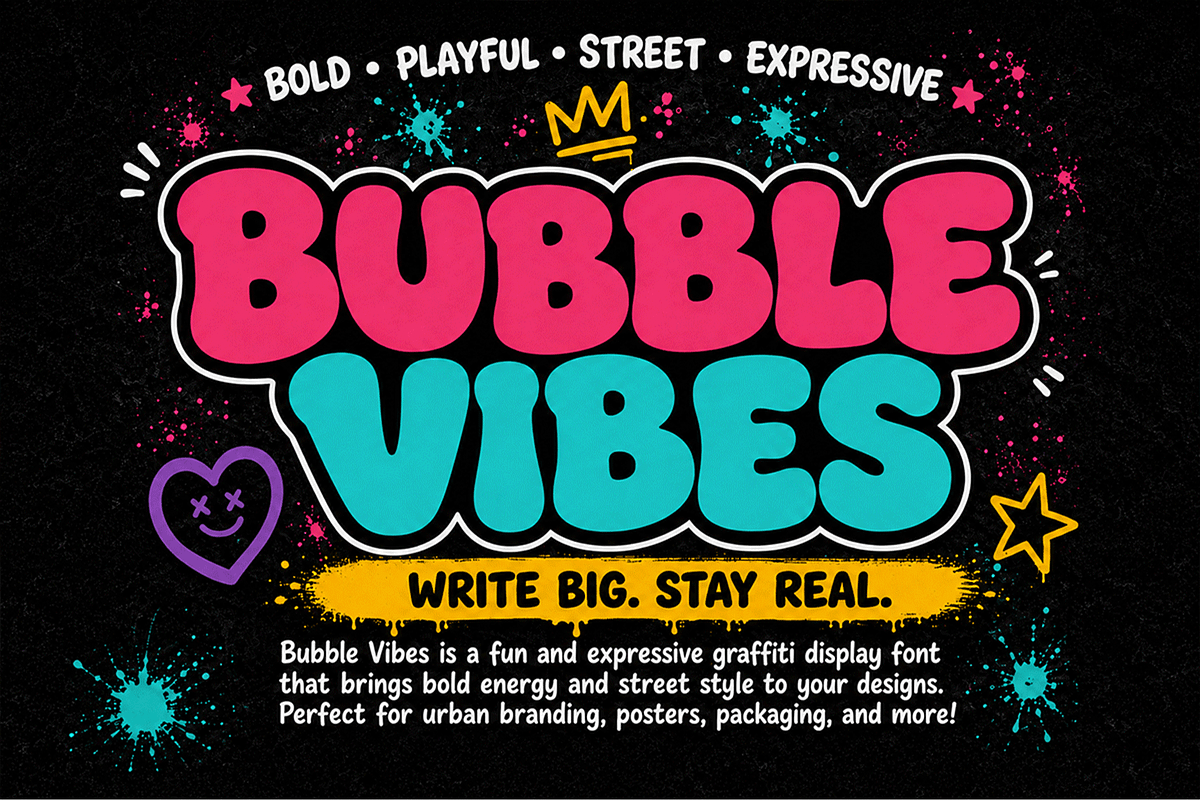 Bubble Vibes - Graffiti Display Font, a Handwritten Font by overlaytemplates (Photo 1 of 5)