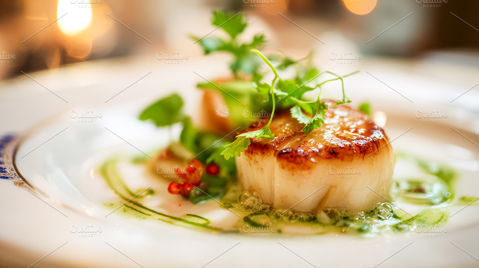 Pan seared scallops plated with a delicate herb sauce and fresh, a Food & Drink Photo by Studio ANNA