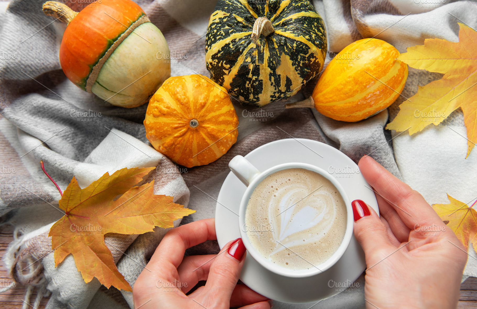 Hands holding coffee with heart latte art among autumn pumpkins, a Holiday Photo by Olena Rudo