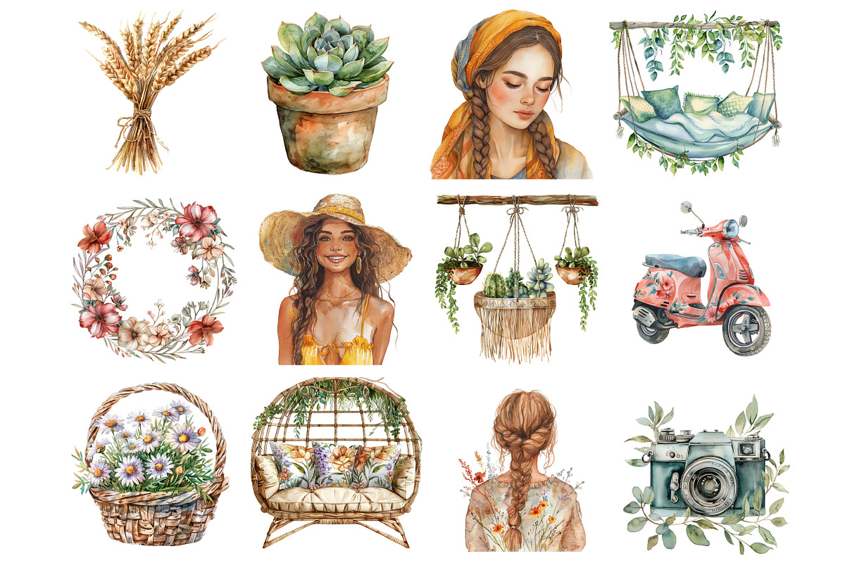 Watercolor Boho Summer ClipArt, an Illustration by Design Market (Photo 4 of 9)