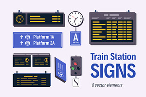 Railway station signs, boards set, a Transportation Illustration by Good Studio