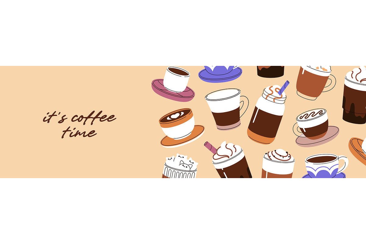 Coffee cups set + banner + patterns, a Food Illustration by PaperTrident (Photo 3 of 5)