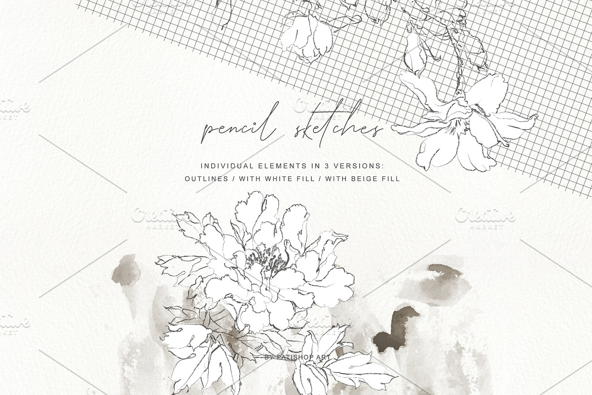 Pencil Sketched Fine Line Flowers Cl, an Illustration by Patishop Art (Photo 8 of 9)