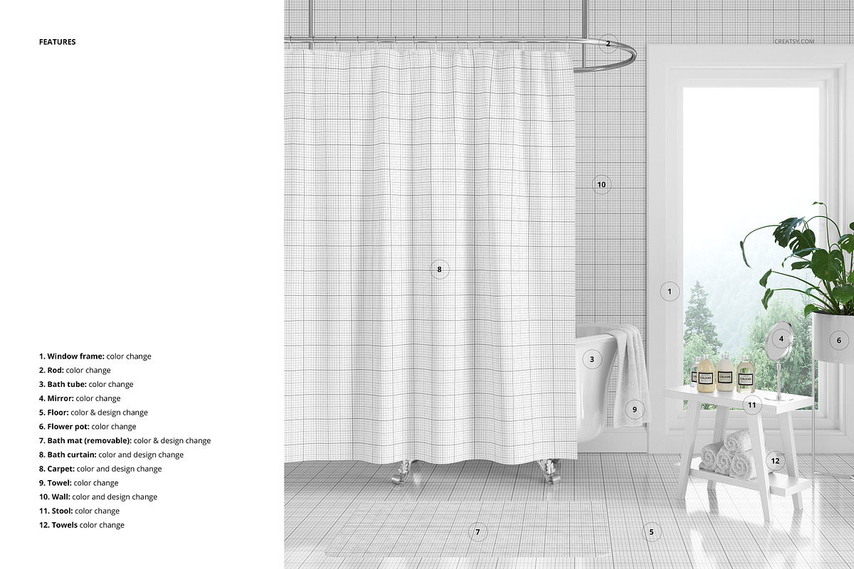 Wave Pleat Shower Curtain Mockup, a Household Mockup by creatsy2 (Photo 3 of 5)
