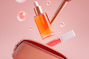 Floating blush brush and cosmetics above a peach-colored makeup bag on a pastel, a Beauty & Fashion Photo by AlyaAnd