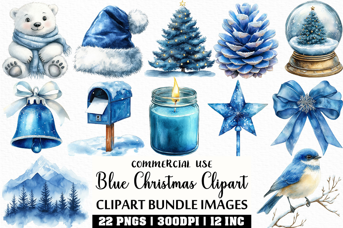 Watercolor Blue Christmas Clipart, an Illustration by Craft Nest (Photo 1 of 6)