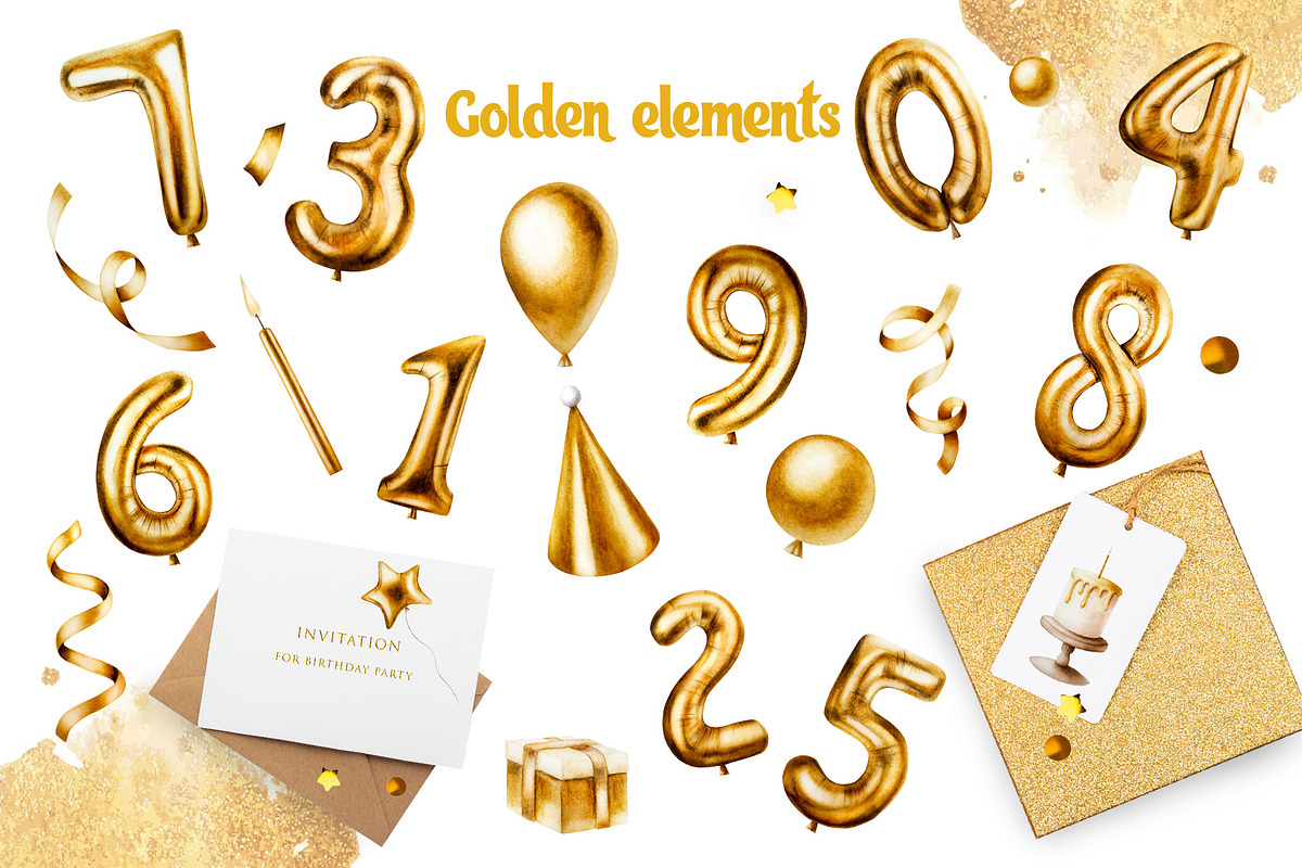 Golden birthday numbers watercolor, a Decorative Illustration by Navenzeles (Photo 2 of 6)