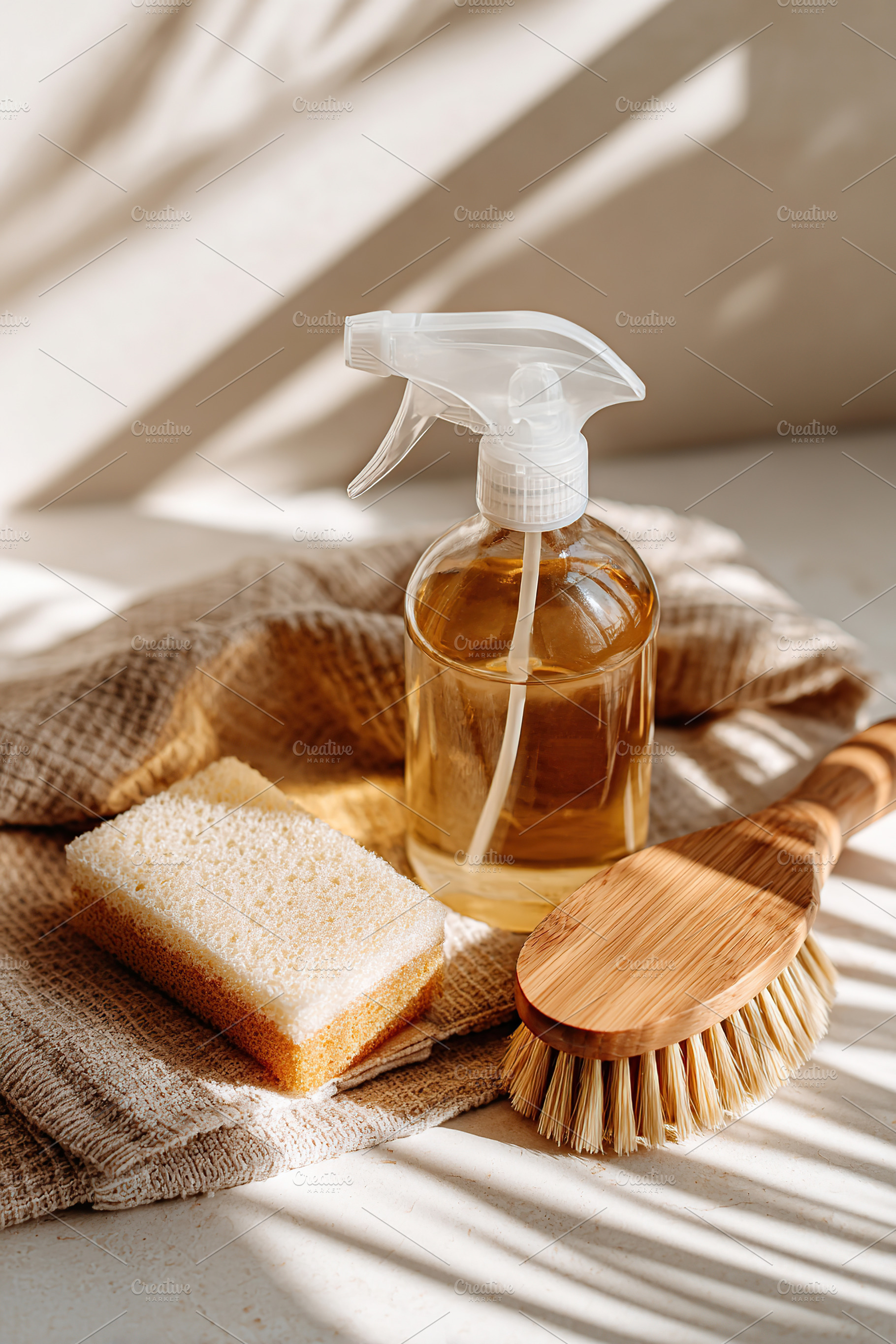Set of cleaning tools arranged on a textured surface in natural light, a Photo by AlyaAnd