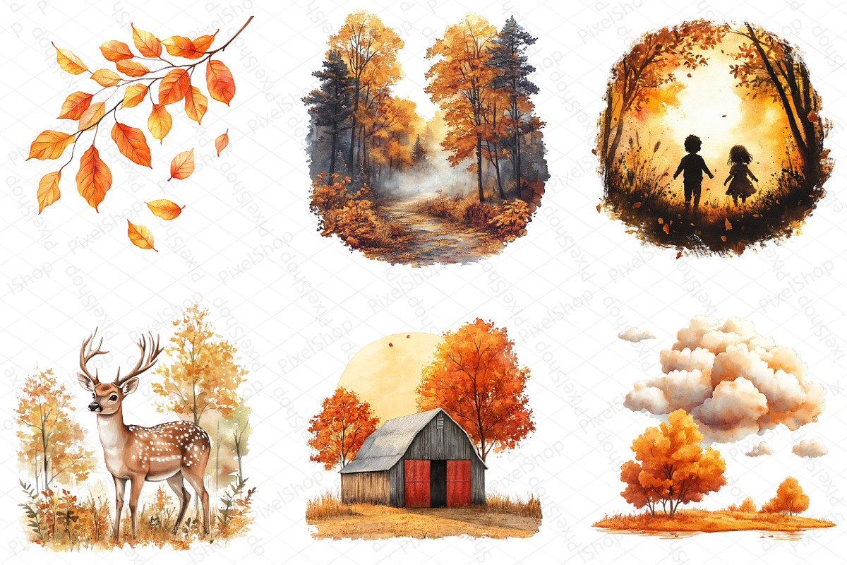 Watercolor Golden Hour Fall Clipart, an Illustration by DreamPrint404 (Photo 2 of 6)
