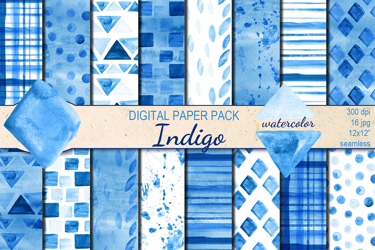 Watercolor Indigo patterns, a Pattern Graphic by DollyPotterson