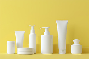 Blank cosmetic containers on yellow background, a Beauty & Fashion Photo by AlyaAnd
