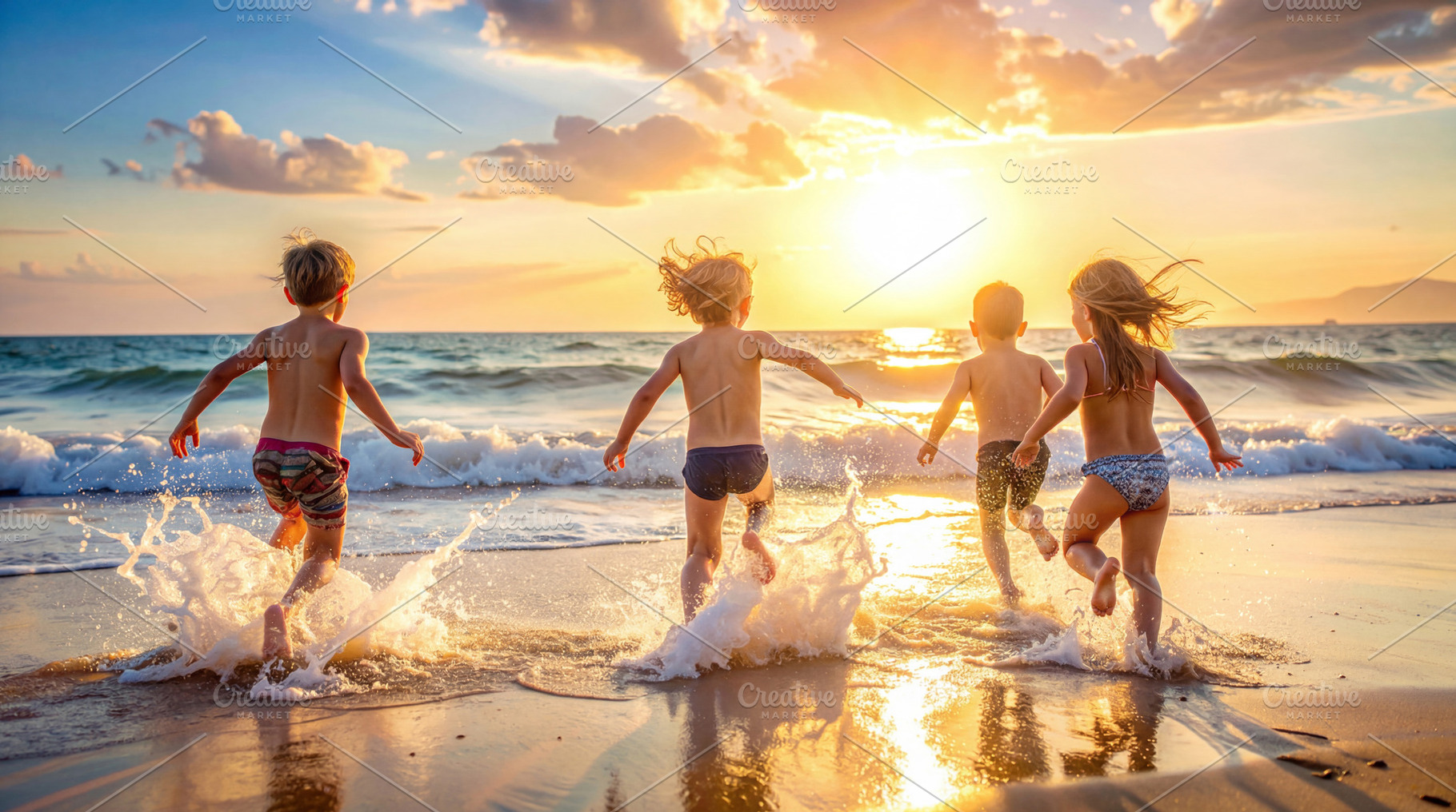 Children Running into Ocean at Sunset, a Sports & Recreation Photo by Davizro's Market
