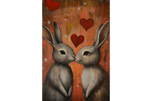 Rustic Bunny Couple with Red Hearts, an Animal Illustration by Art Paradise Studios