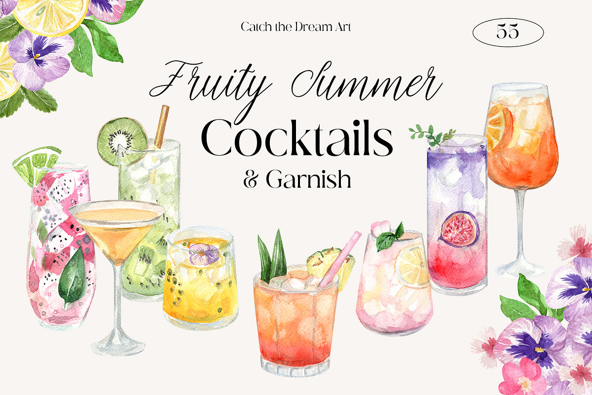 Fruity Summer Cocktails Watercolor, a Food Illustration by Catch the Dream Art (Photo 1 of 9)