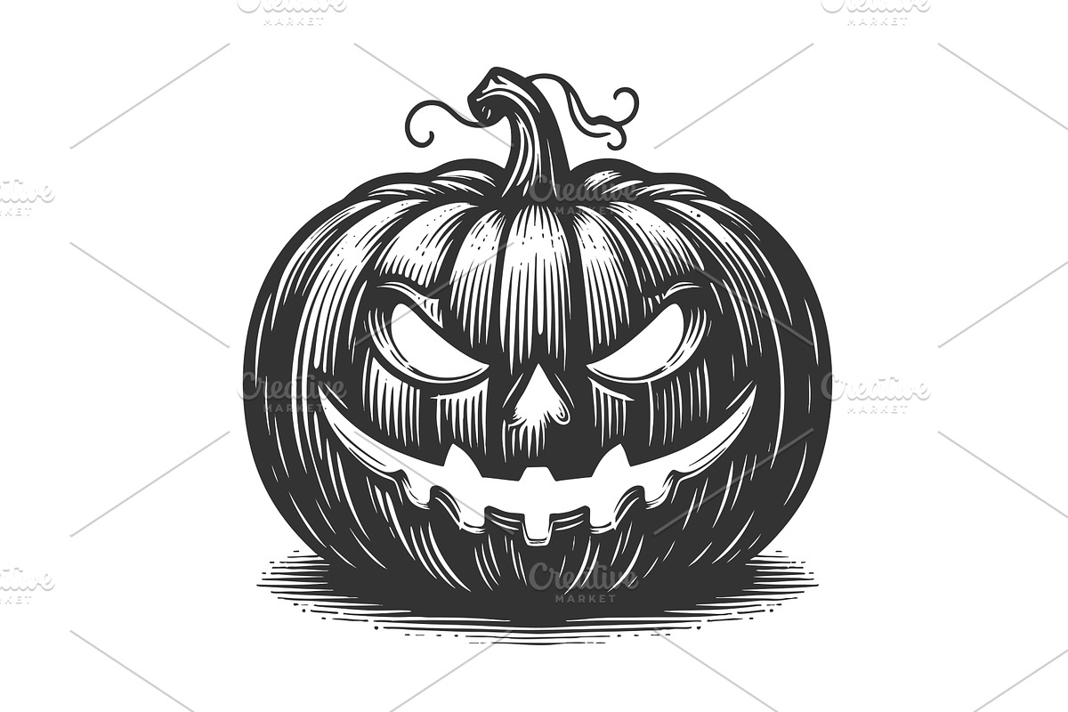 spooky Halloween pumpkin engraving, an Illustration by AlexArt