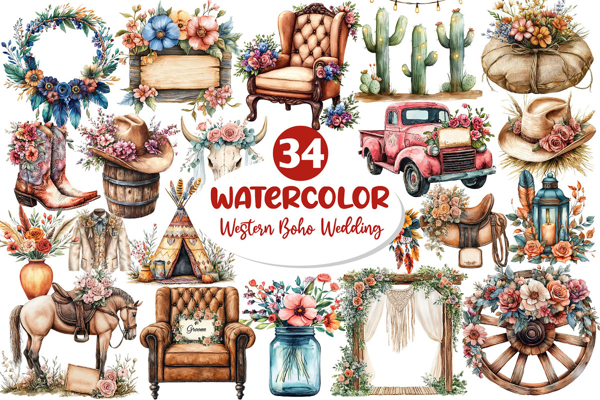Western Boho Wedding Clipart, an Illustration by Dream Creation (Photo 1 of 4)