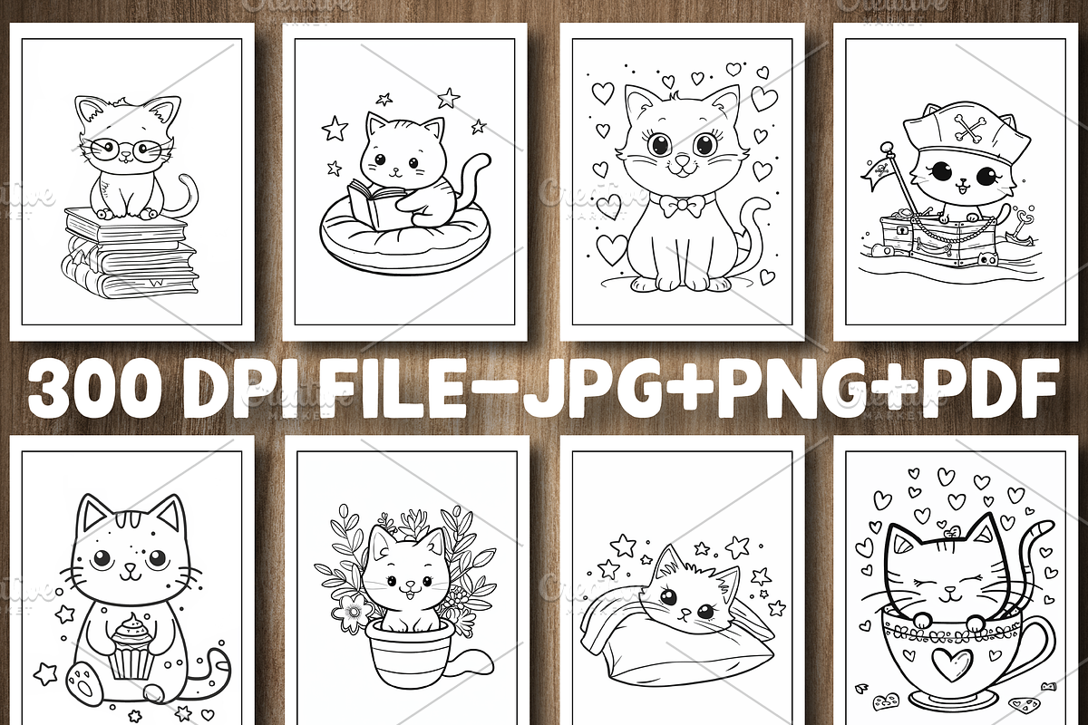 Cute Kawaii Cat Coloring Pages, a Decorative Illustration by Design Station (Photo 2 of 4)