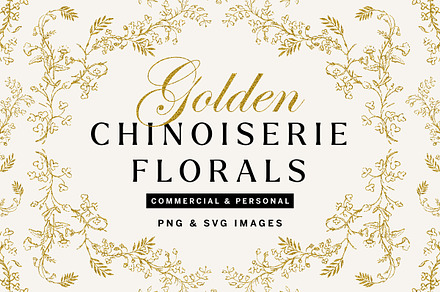 Gold Chinoiserie Floral Clipart Pack, a Decorative Illustration by Century Library