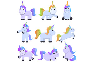 Unicorn Icons Set, Cartoon Style