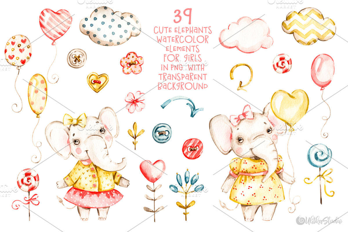 Nursery elephants Watercolor clipart, an Animal Illustration by UlitkaStudio (Photo 3 of 7)