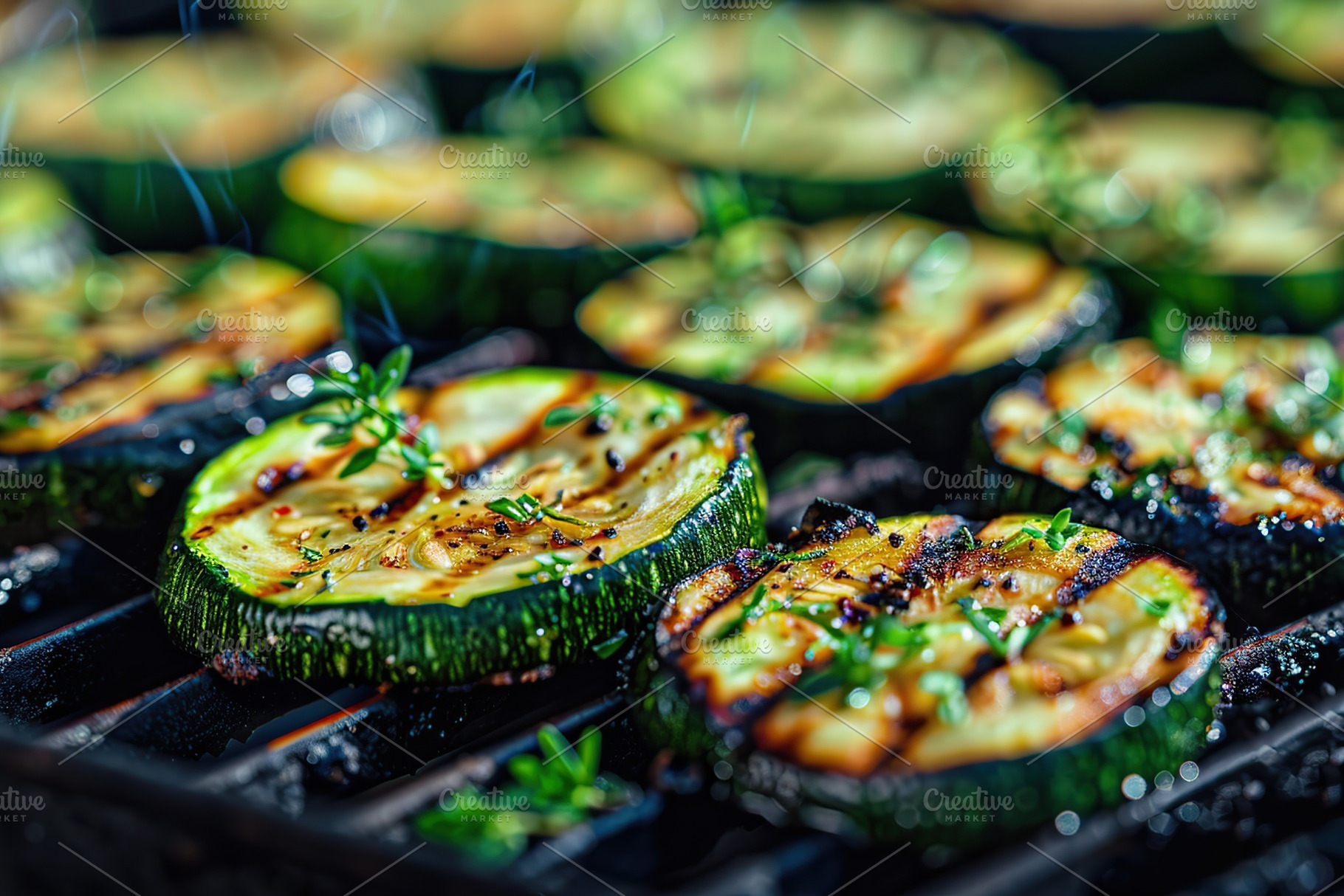 Grilled zucchini pieces on grill, a Food & Drink Photo by AlyaAnd