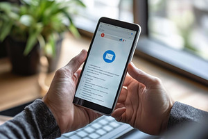 Individual checks email on smartphon, a Photo by Tanuart