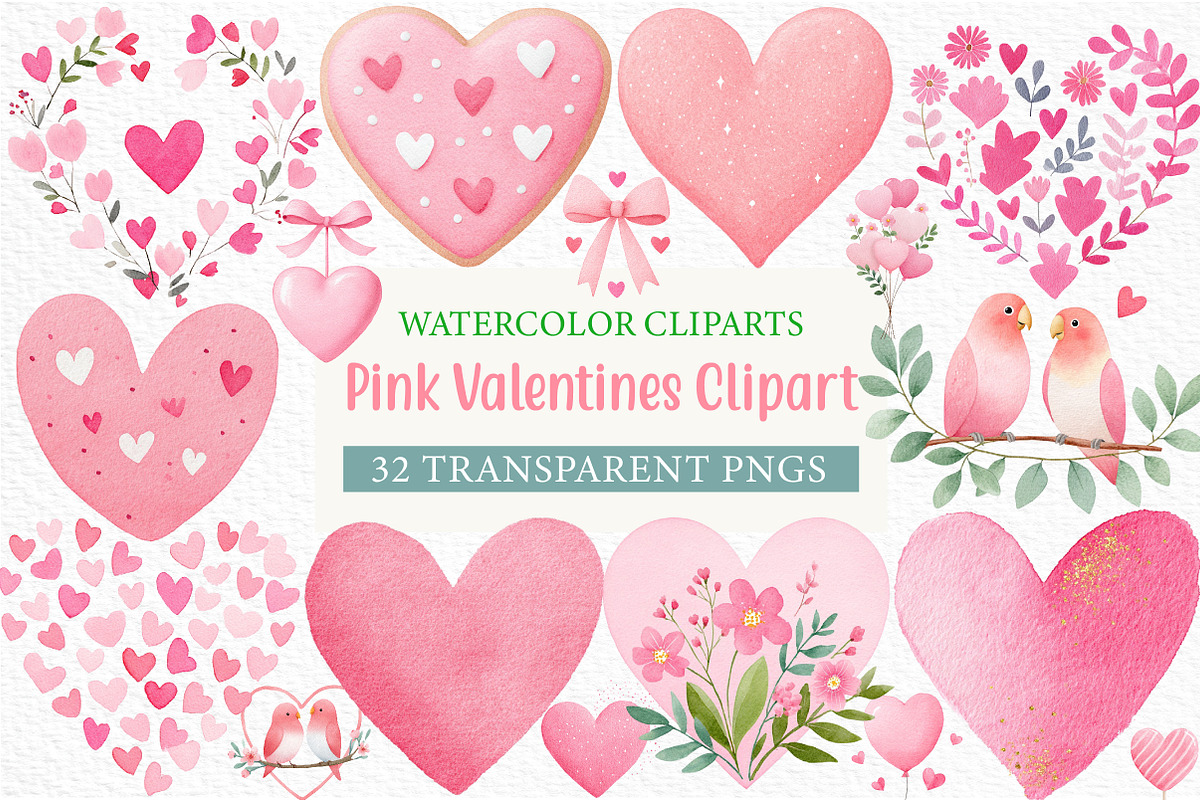 Watercolor Pink Valentines Clipart, an Illustration by Craft Nest (Photo 1 of 4)