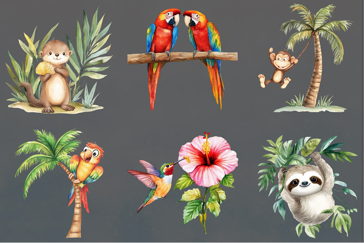 Watercolor Tropical Animals Clipart, a Seasonal Illustration by Rose Art (Photo 2 of 4)