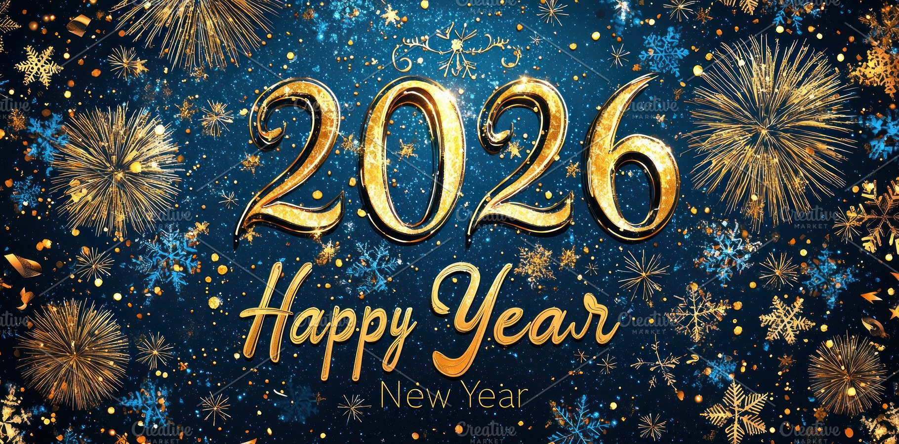 Festive 2026 happy new year greeting with golden fireworks snowf, a Background Photo by José Manuel Gelpi