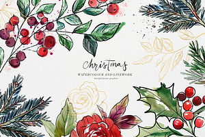 Christmas Watercolor and Inky Line
