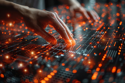 Futuristic Interaction in a High-Tech Data Environment, Person Engaging with Ad, a Photo by AS photostudio