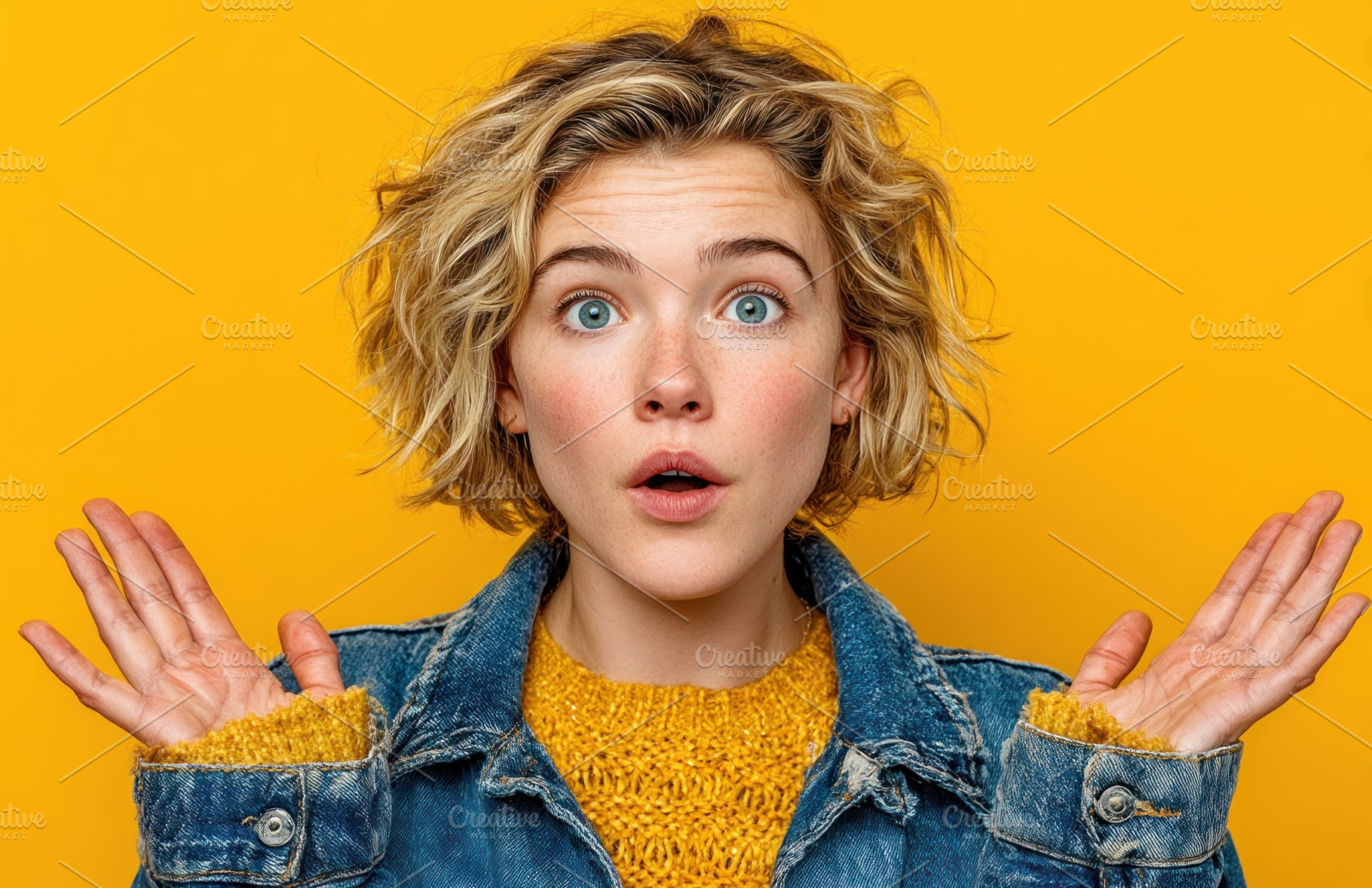Surprised young woman with raised hands wearing denim jacket and, a Person Photo by José Manuel Gelpi